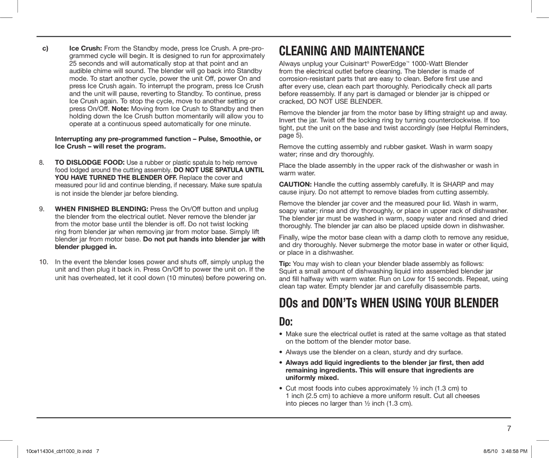 Cuisinart CBT1000, CBT-1000 Series manual Cleaning and Maintenance, DOs and DON’Ts When Using Your Blender 