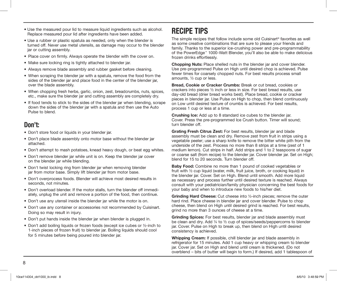 Cuisinart CBT-1000 Series, CBT1000 manual Recipe Tips 