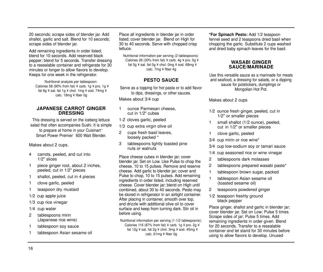Cuisinart CBT-500 Series manual Japanese Carrot Ginger Dressing, Pesto Sauce, Wasabi Ginger SAUCE/MARINADE 
