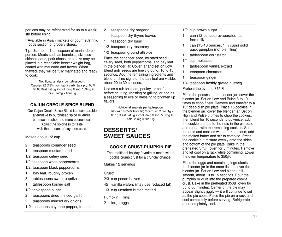 Cuisinart CBT-500 Series manual Desserts Sweet Sauces, Cajun Creole Spice Blend, Cookie Crust Pumpkin PIE 