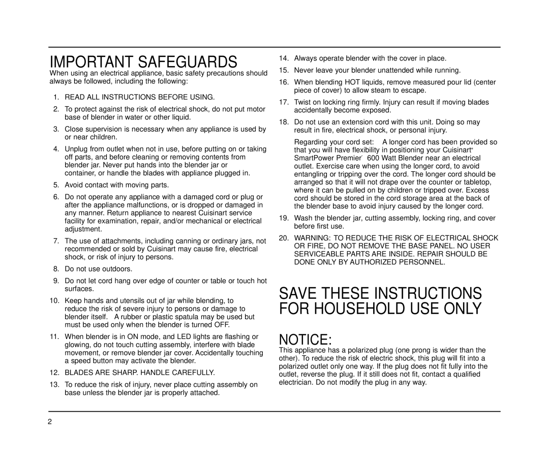 Cuisinart CBT-500 Series manual Important Safeguards 