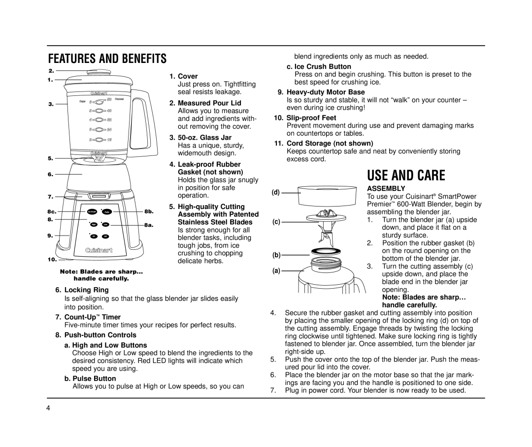 Cuisinart CBT-500 Series manual Features and Benefits, Cover 