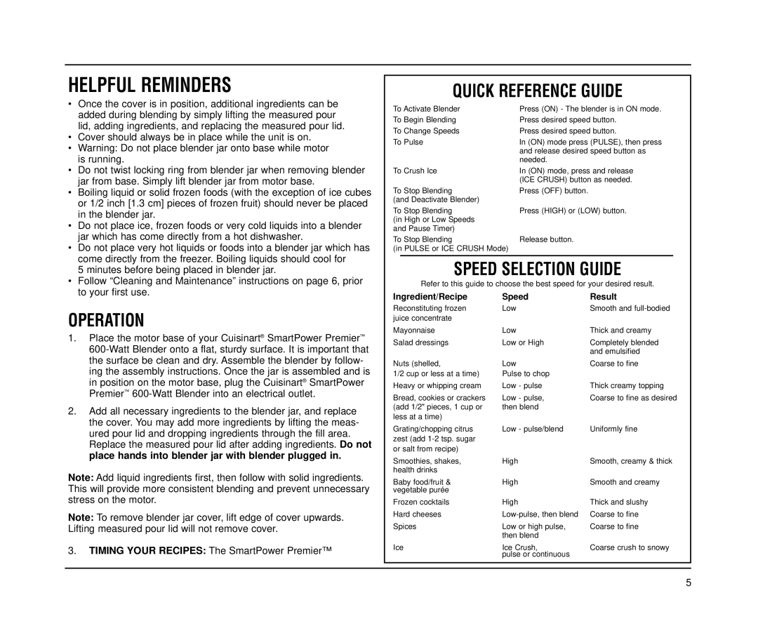 Cuisinart CBT-500 Series manual Operation, Quick Reference Guide, Speed Selection Guide 