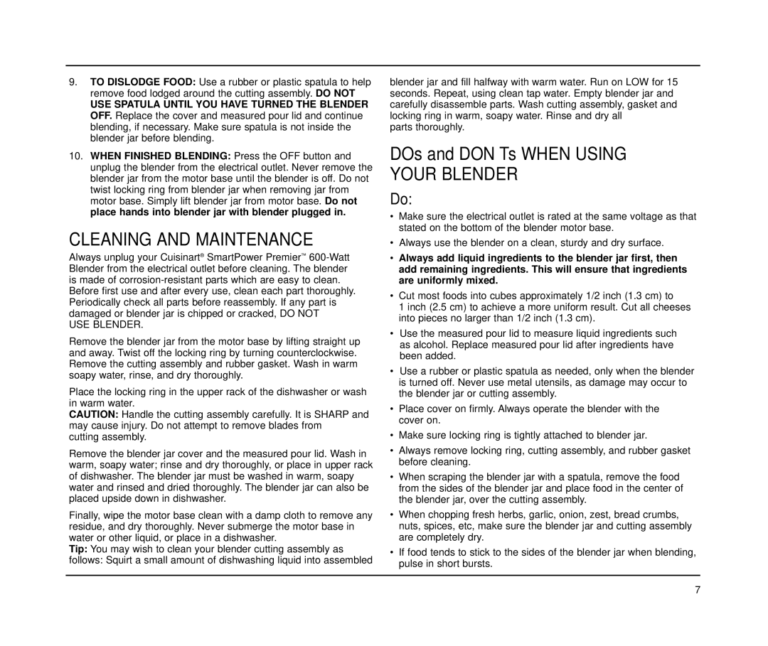 Cuisinart CBT-500 Series manual Cleaning and Maintenance, Your Blender 