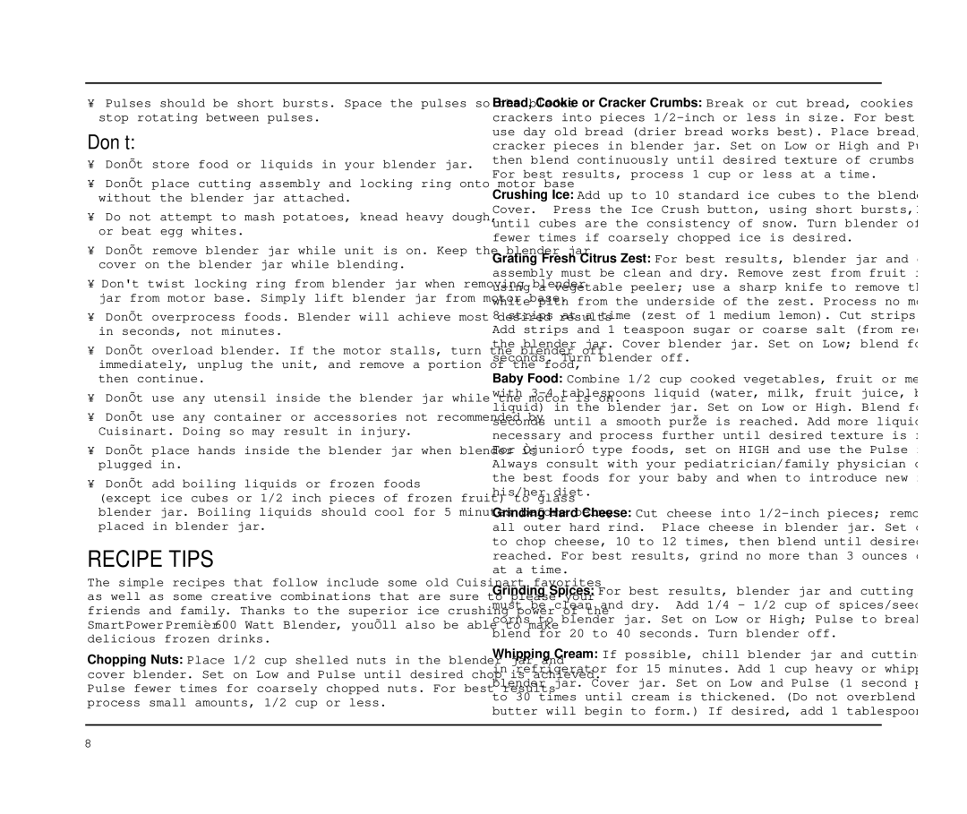 Cuisinart CBT-500 Series manual Recipe Tips, Don’t 