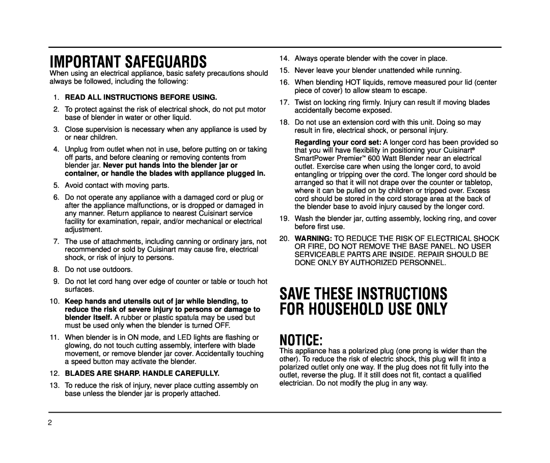 Cuisinart CBT-500 Series manual Save These Instructions For Household Use Only, Important Safeguards 