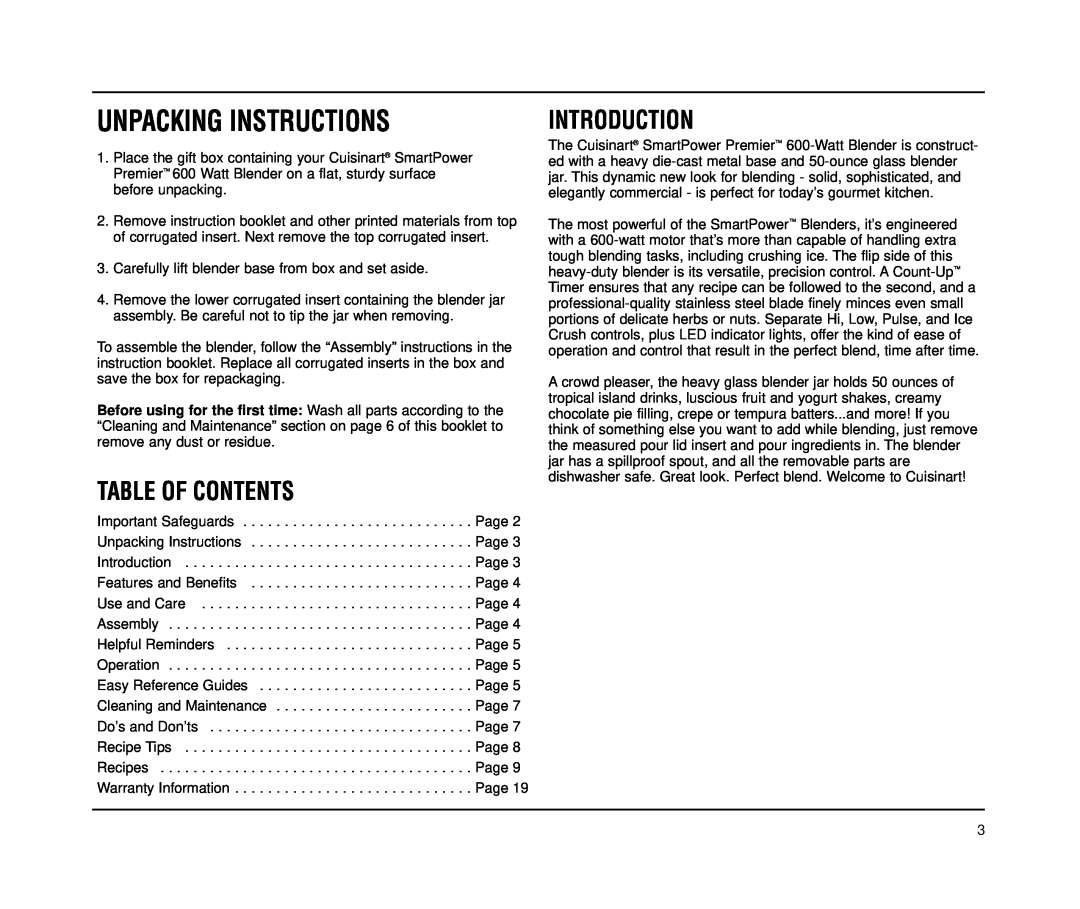 Cuisinart CBT-500 Series manual Unpacking Instructions, Table Of Contents, Introduction 
