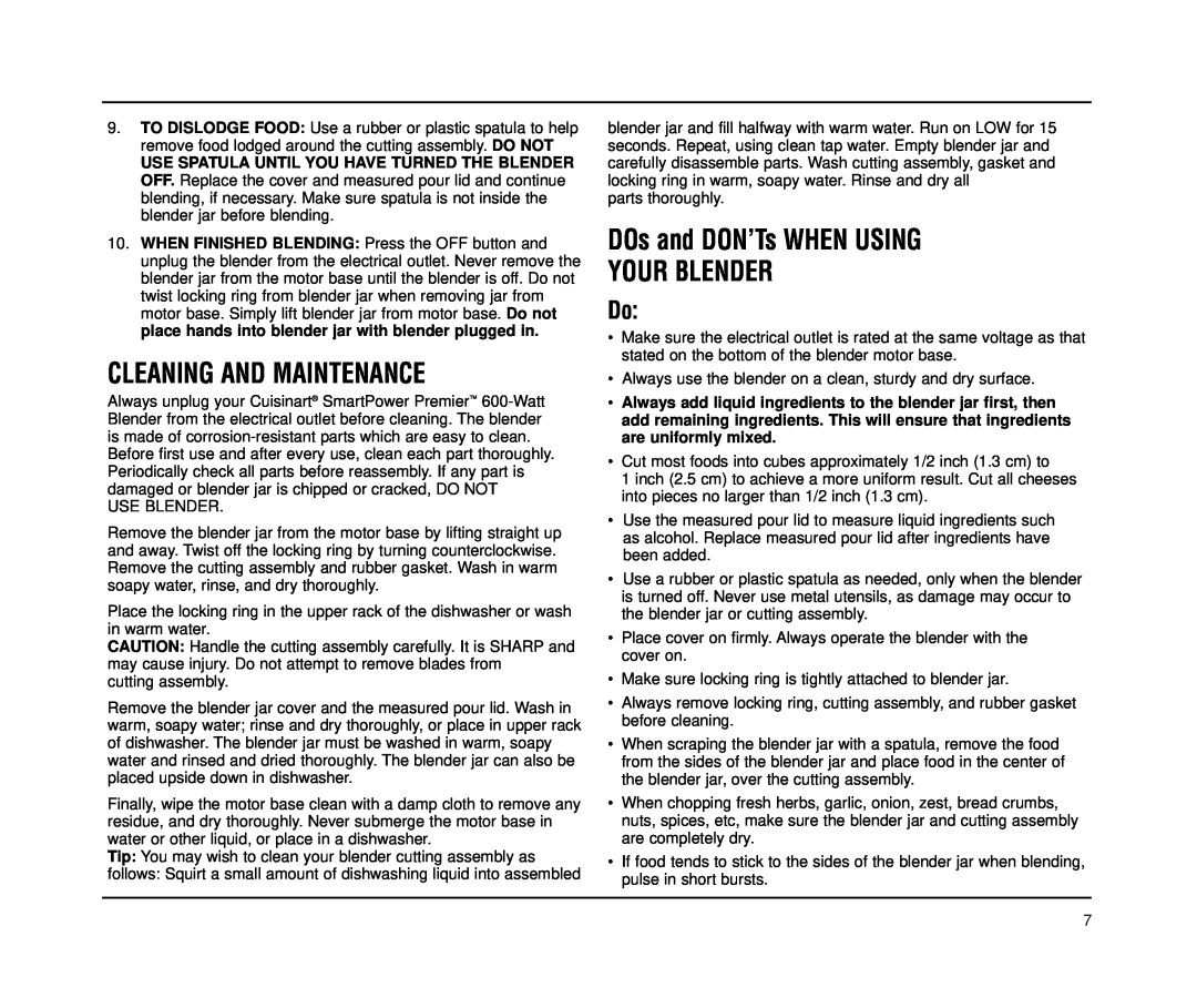 Cuisinart CBT-500 Series manual Cleaning And Maintenance, DOs and DON’Ts WHEN USING YOUR BLENDER 