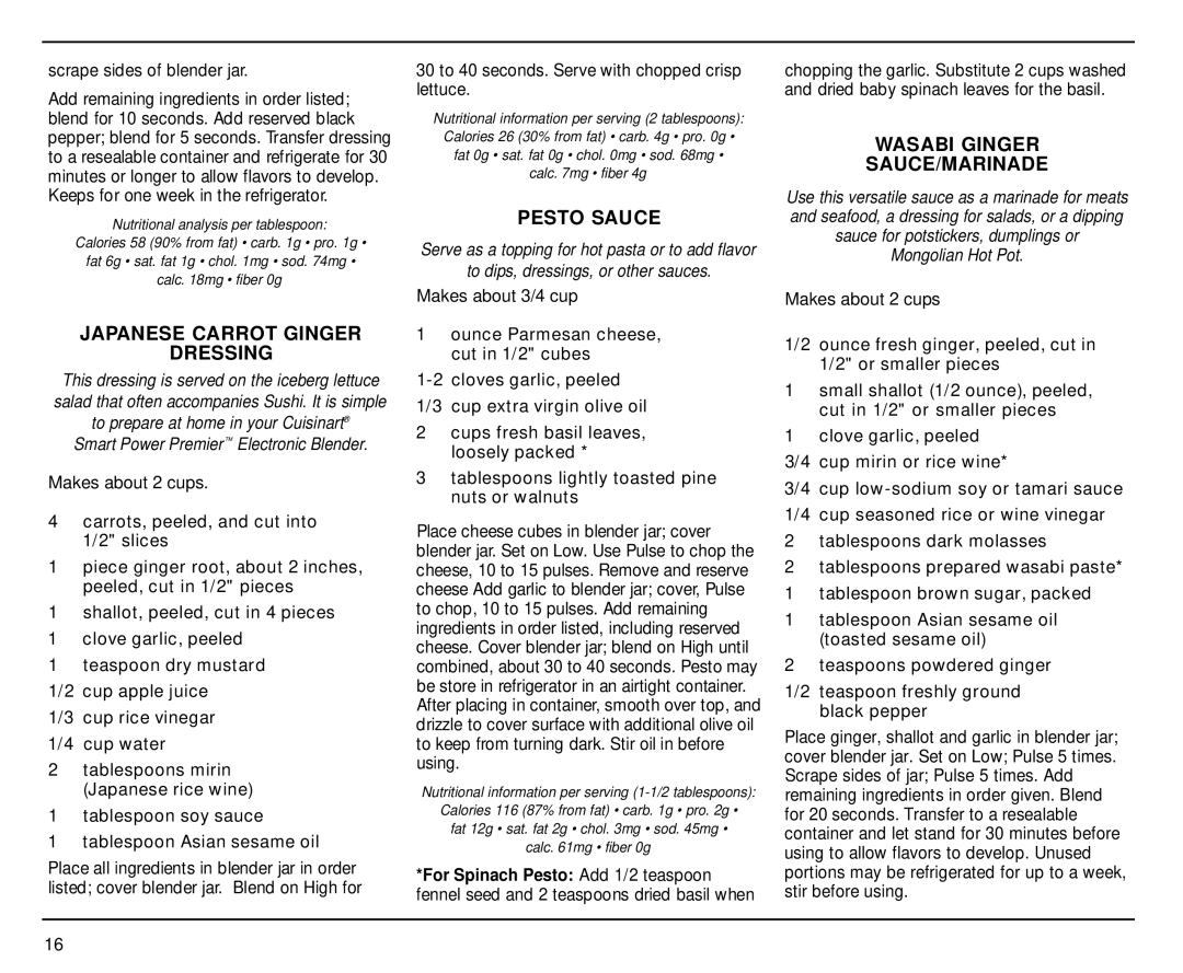 Cuisinart CBT-500 manual Japanese Carrot Ginger Dressing, Pesto Sauce, Wasabi Ginger SAUCE/MARINADE 