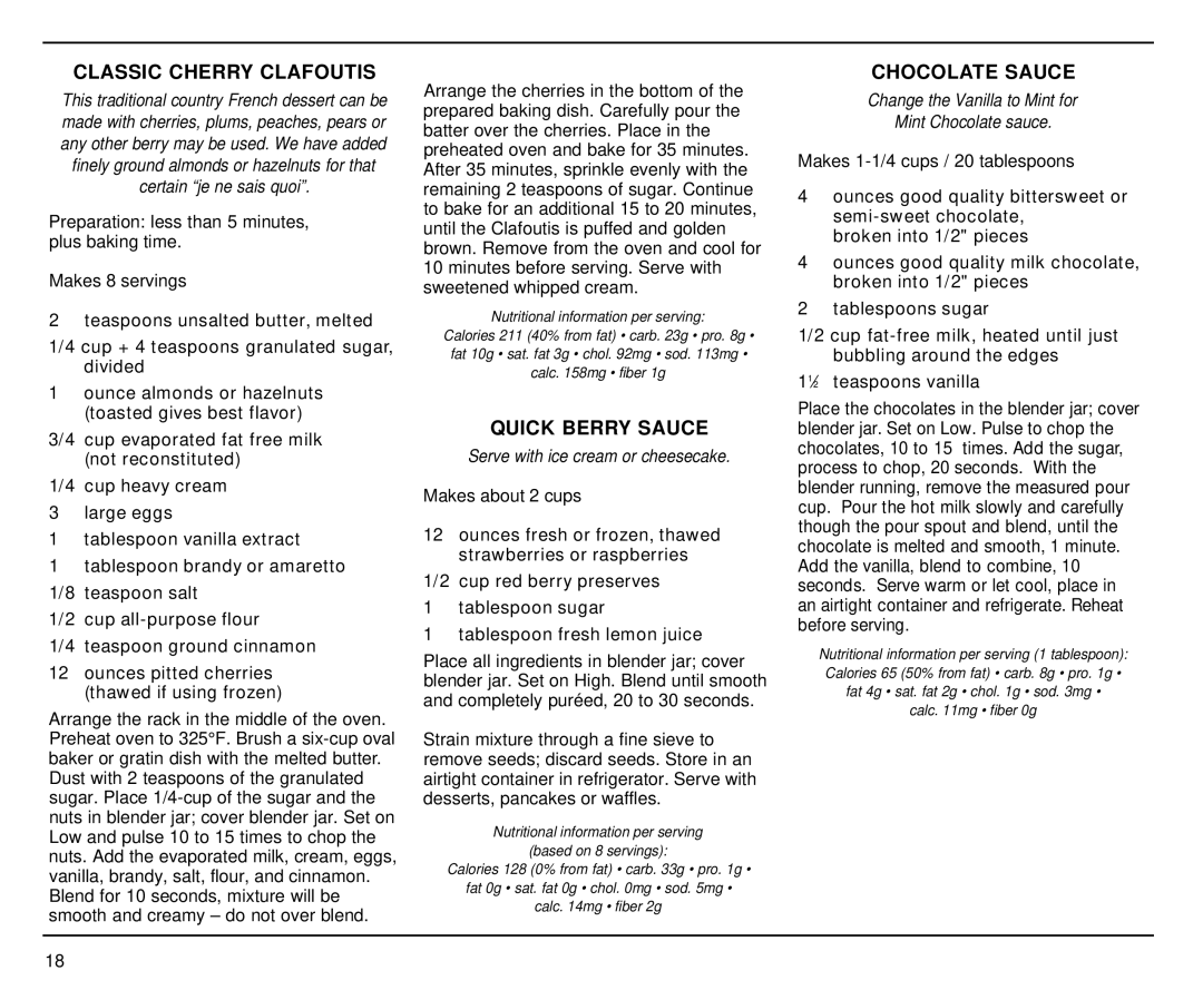 Cuisinart CBT-500 manual Classic Cherry Clafoutis, Quick Berry Sauce, Chocolate Sauce 