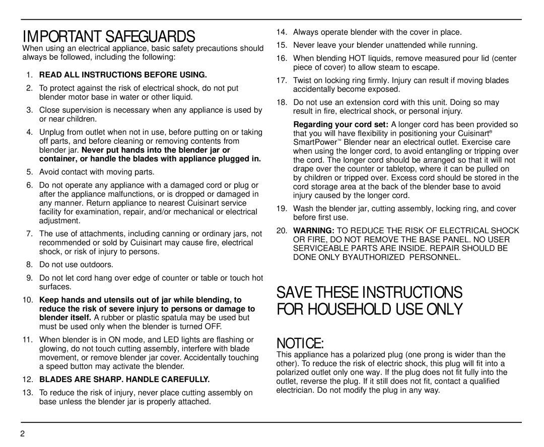 Cuisinart CBT-500 manual Important Safeguards 