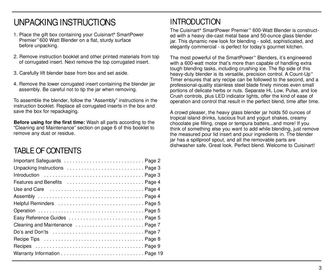 Cuisinart CBT-500 manual Table of Contents, Introduction 