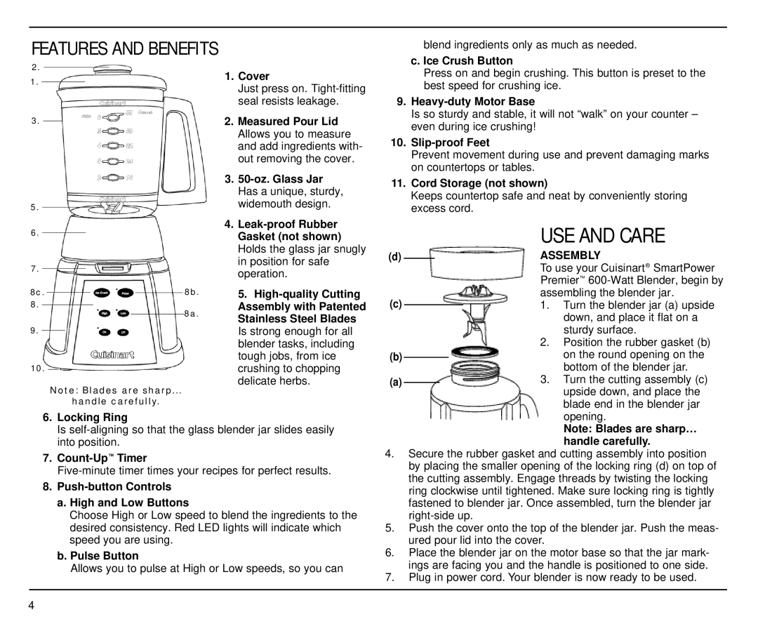 Cuisinart CBT-500 manual USE and Care, Features and Benefits 