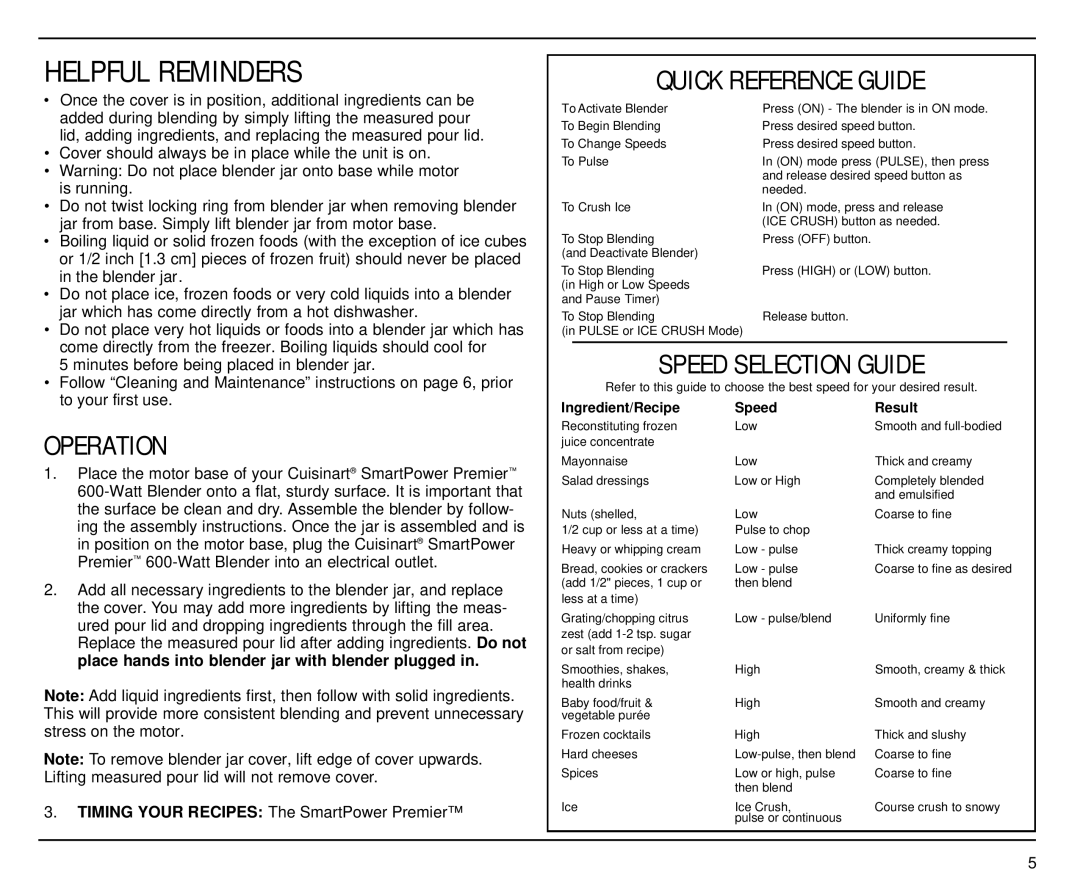 Cuisinart CBT-500 manual Operation, Quick Reference Guide, Speed Selection Guide 