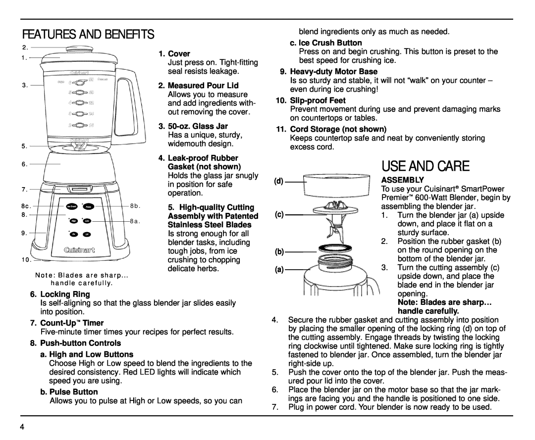 Cuisinart CBT-500 manual Use And Care, Features And Benefits 