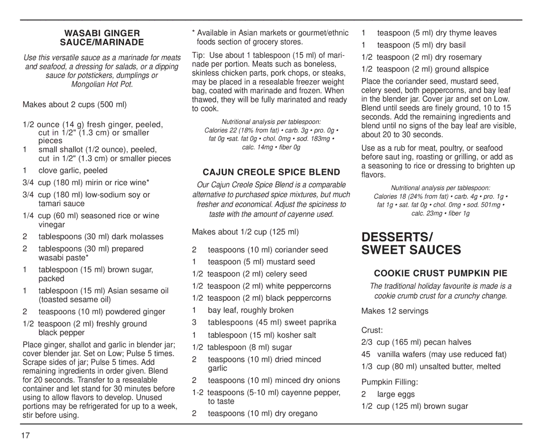 Cuisinart CBT-500C manual Wasabi Ginger SAUCE/MARINADE, Cajun Creole Spice Blend, Cookie Crust Pumpkin PIE 