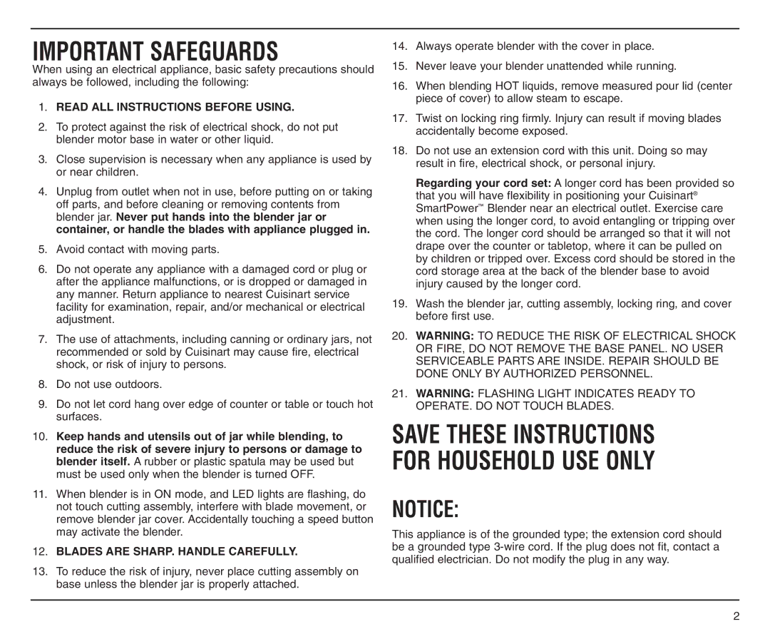 Cuisinart CBT-500C manual Important Safeguards 