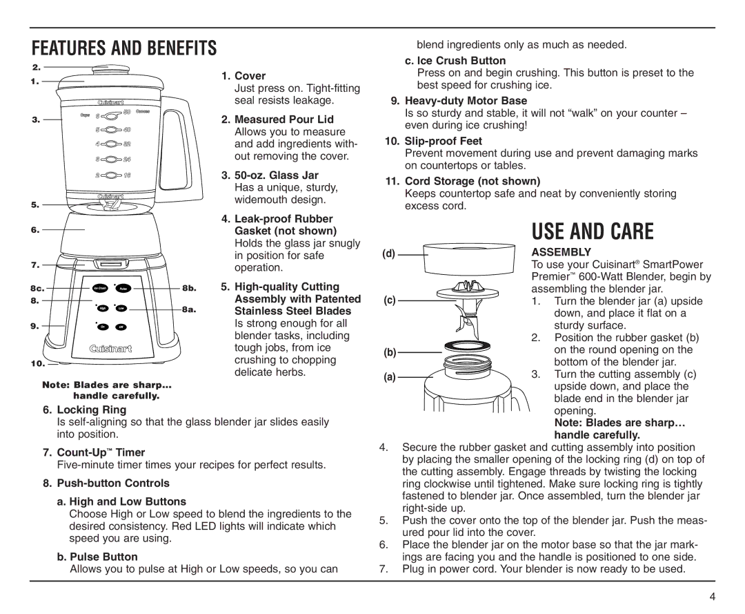 Cuisinart CBT-500C manual Features and Benefits, Cover 