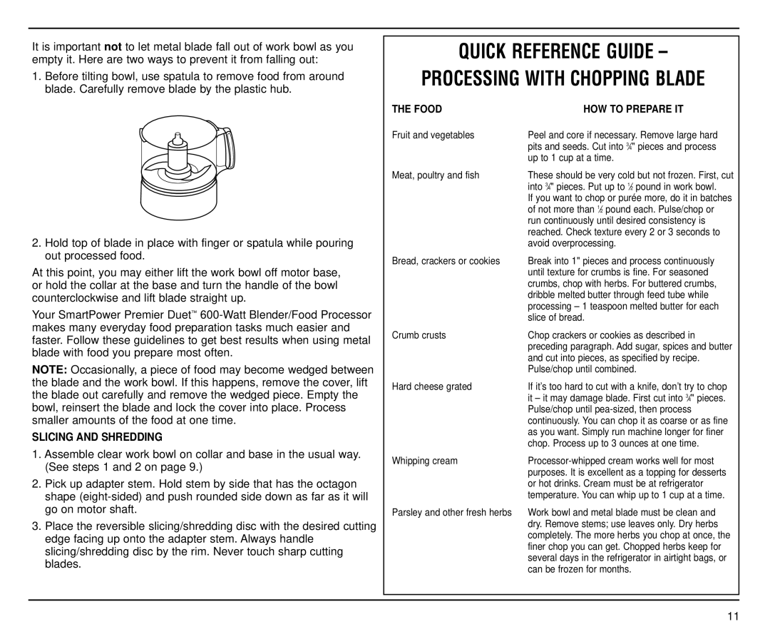 Cuisinart CBT-500FP manual Quick Reference Guide, Processing with Chopping Blade 