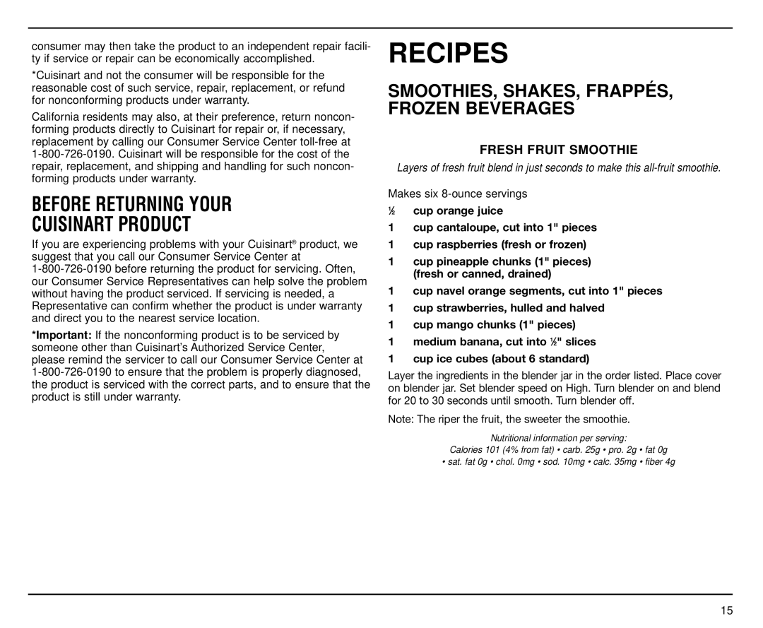 Cuisinart CBT-500FP manual Before Returning Your Cuisinart Product, SMOOTHIES, SHAKES, Frappé S, Frozen Beverages 