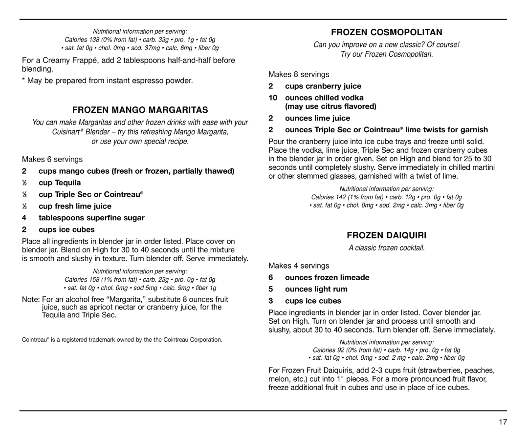 Cuisinart CBT-500FP manual Frozen Mango Margaritas, Frozen Cosmopolitan, Frozen Daiquiri 