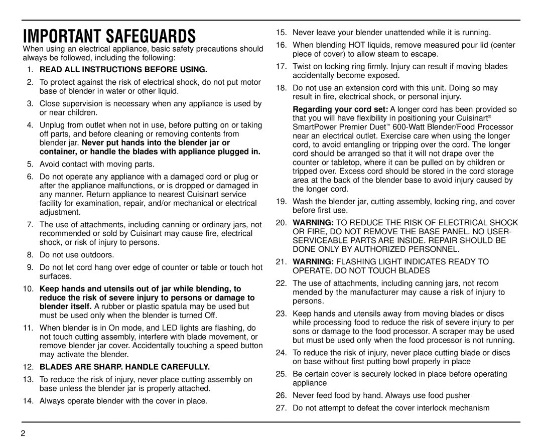 Cuisinart CBT-500FP manual Read ALL Instructions Before Using, Blades are SHARP. Handle Carefully 