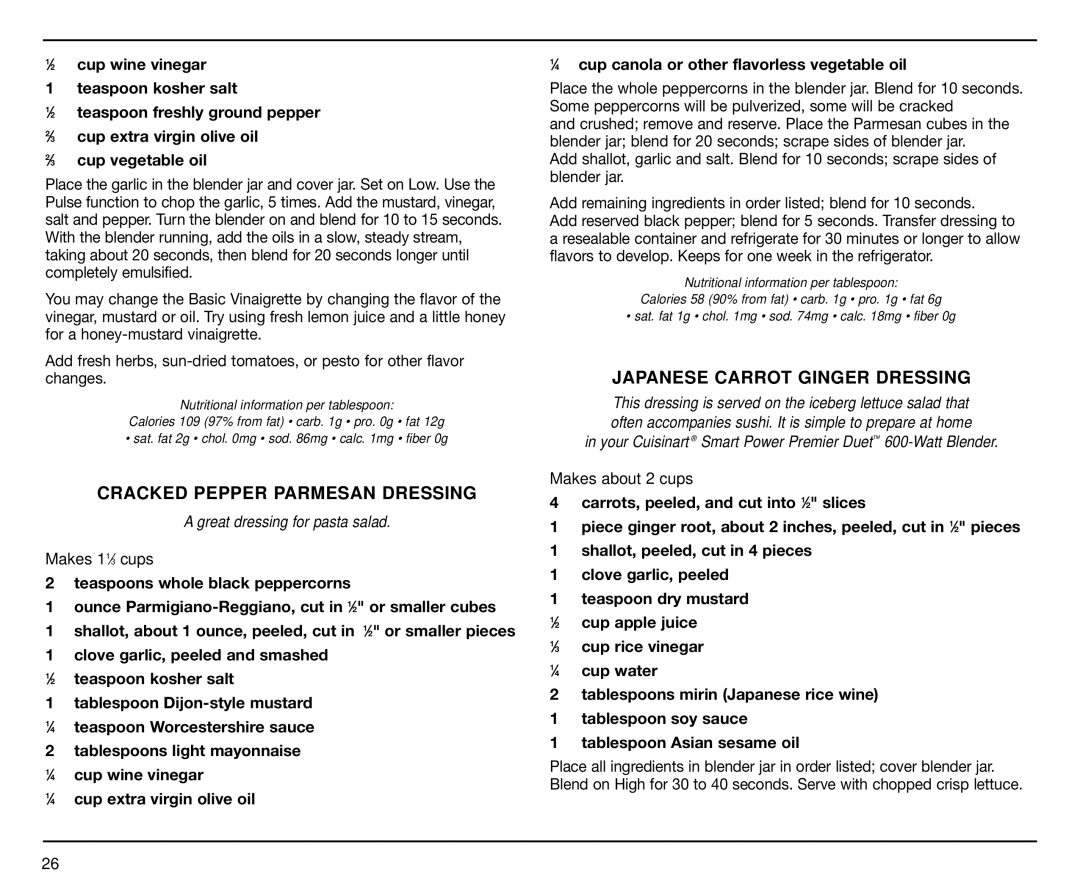 Cuisinart CBT-500FP manual Cracked Pepper Parmesan Dressing, Japanese Carrot Ginger Dressing 