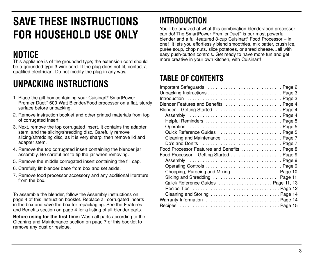 Cuisinart CBT-500FP manual Introduction, Table of Contents 