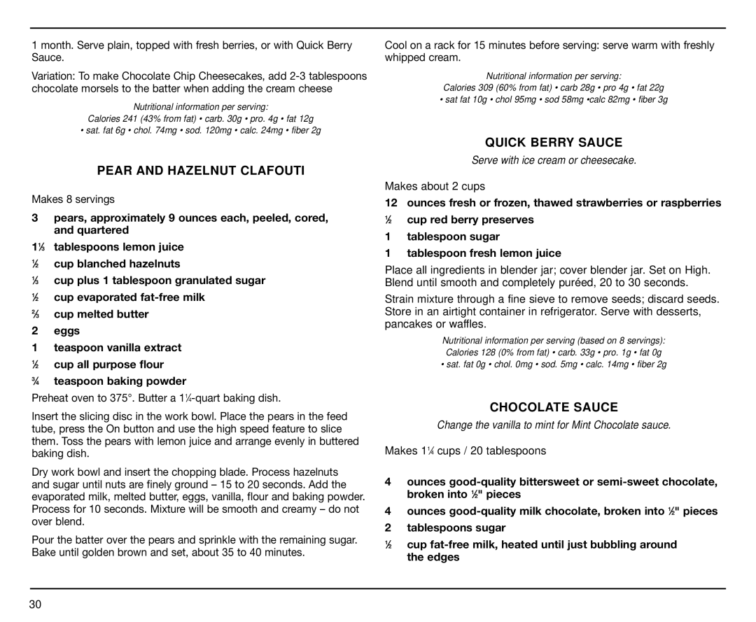 Cuisinart CBT-500FP manual Pear and Hazelnut Clafouti, Quick Berry Sauce, Chocolate Sauce 