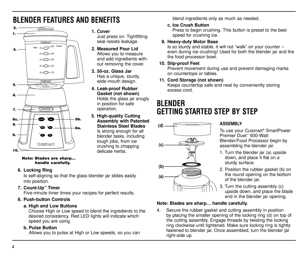 Cuisinart CBT-500FP manual Blender Features and Benefits, Blender Getting Started Step by Step, Assembly 