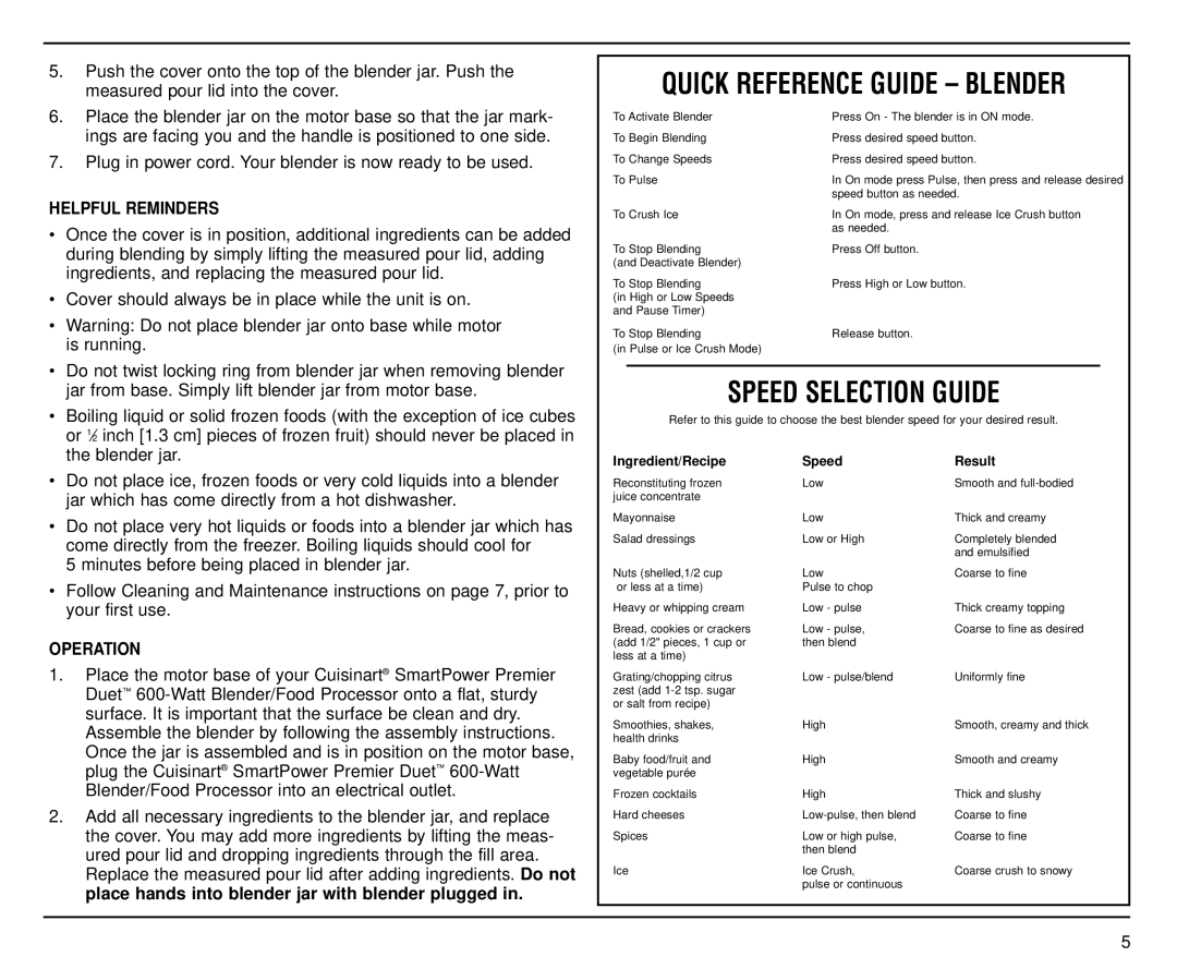 Cuisinart CBT-500FP manual Helpful Reminders, Operation 