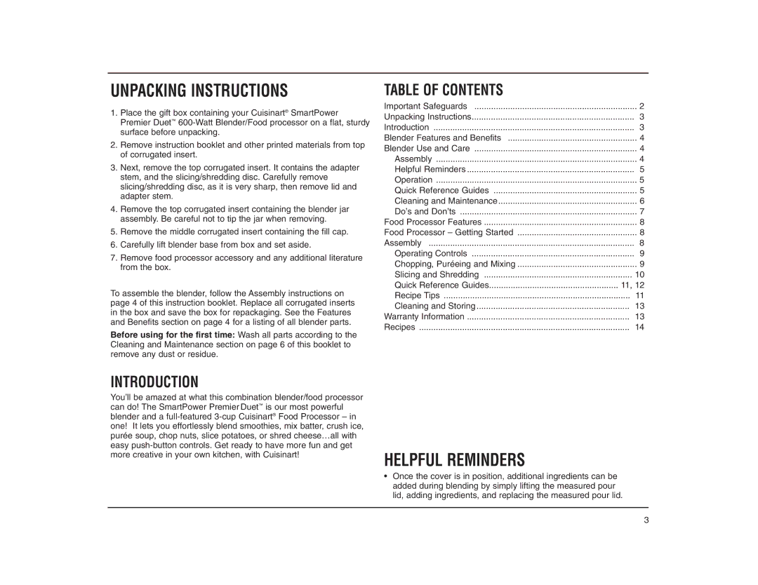 Cuisinart CBT-500FPC manual Table of Contents, Introduction 