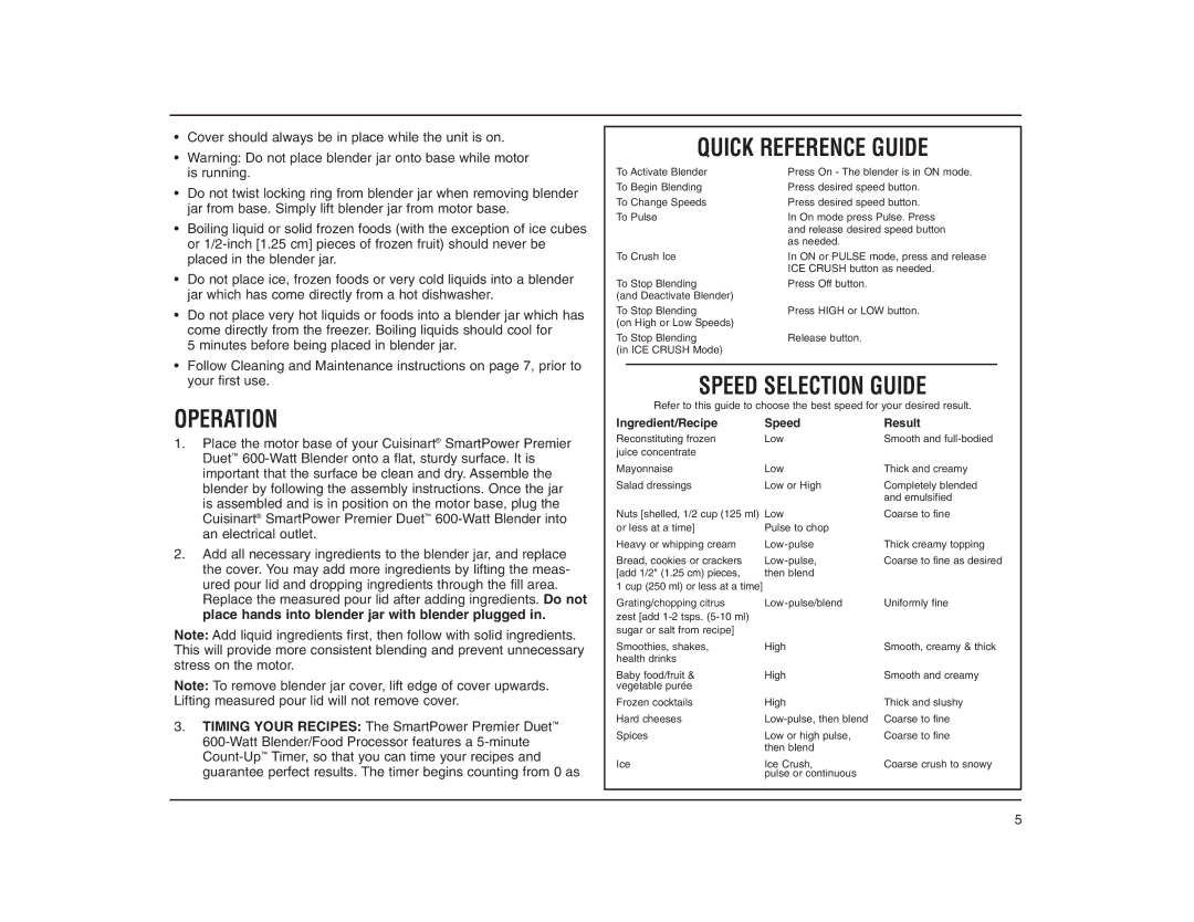 Cuisinart CBT-500FPC manual Operation, Quick Reference Guide, Speed Selection Guide 