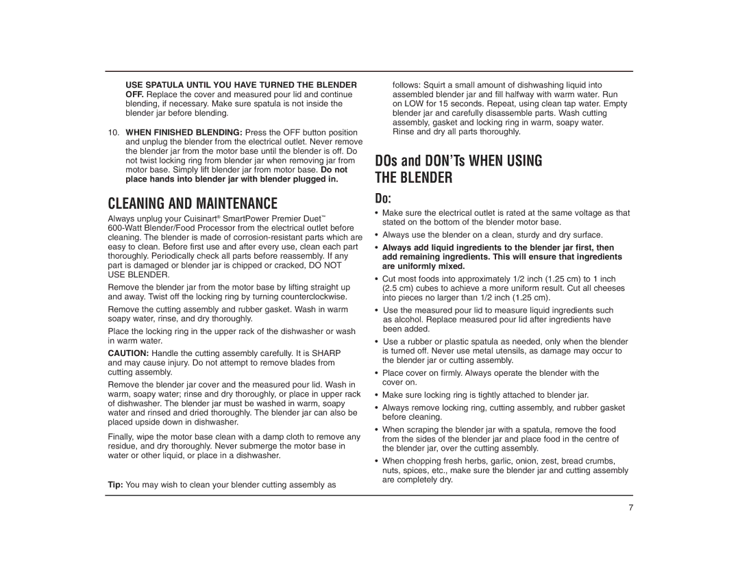 Cuisinart CBT-500FPC manual Cleaning and Maintenance, Blender 