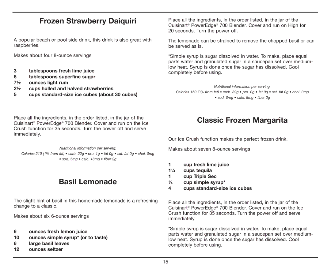 Cuisinart CBT-700 Series manual Frozen Strawberry Daiquiri, Basil Lemonade, Classic Frozen Margarita 