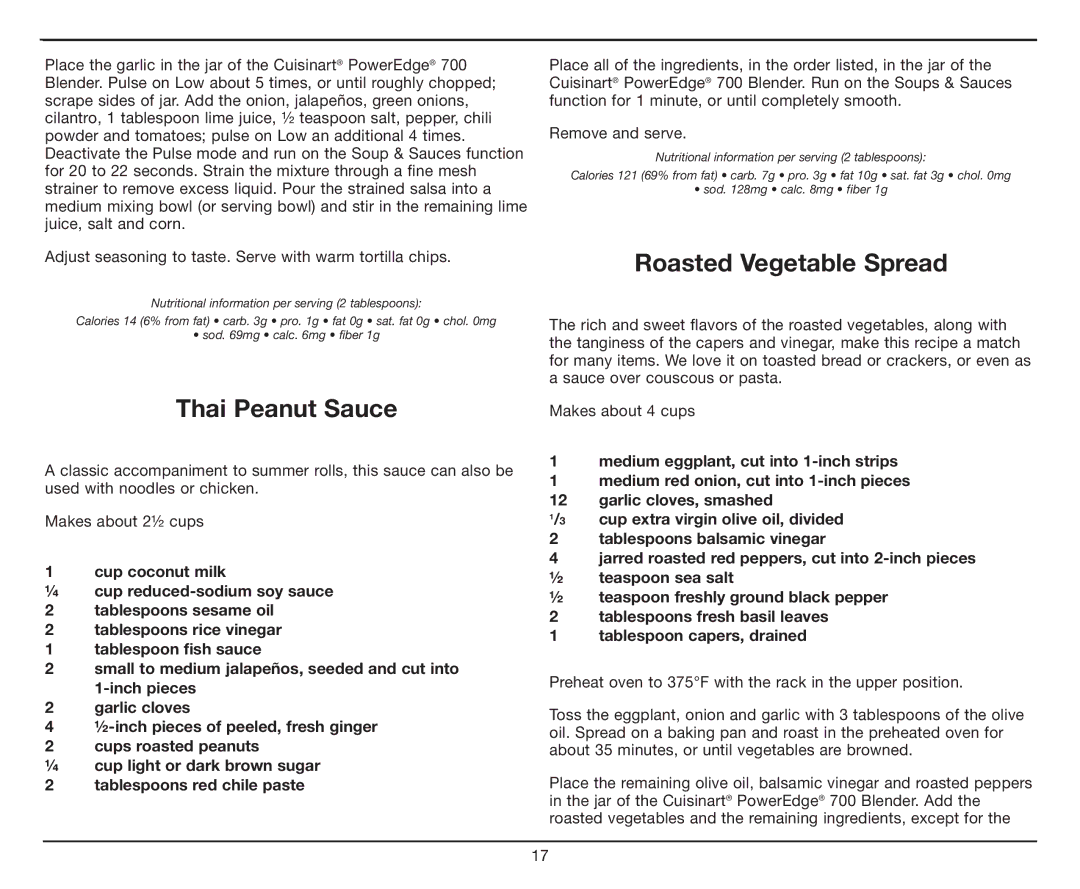 Cuisinart CBT-700 Series manual Thai Peanut Sauce, Roasted Vegetable Spread 