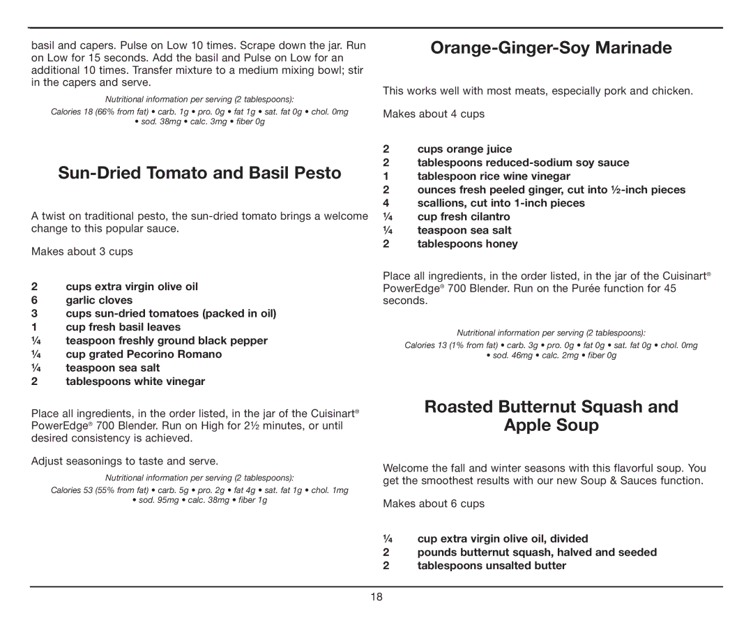 Cuisinart CBT-700 Series Sun-Dried Tomato and Basil Pesto, Orange-Ginger-Soy Marinade, Roasted Butternut Squash Apple Soup 