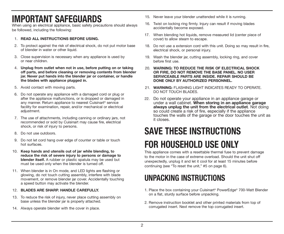 Cuisinart CBT-700 Series manual Important Safeguards 