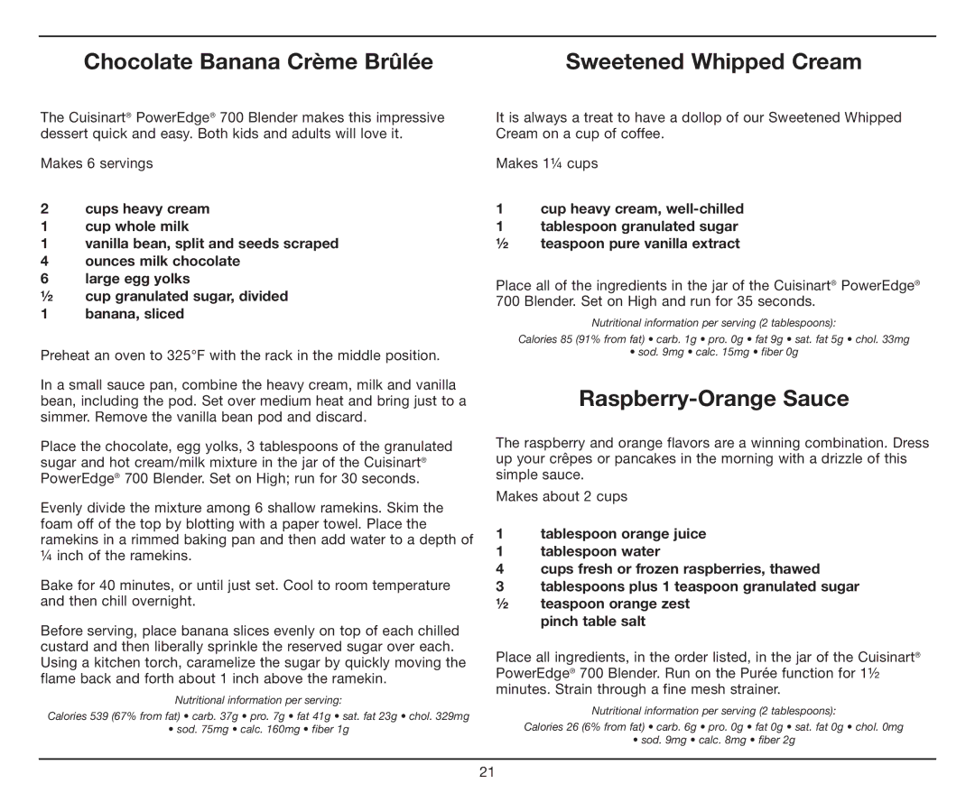 Cuisinart CBT-700 Series manual Chocolate Banana Crème Brûlée, Raspberry-Orange Sauce 