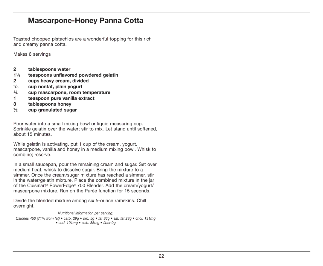 Cuisinart CBT-700 Series manual Mascarpone-Honey Panna Cotta 