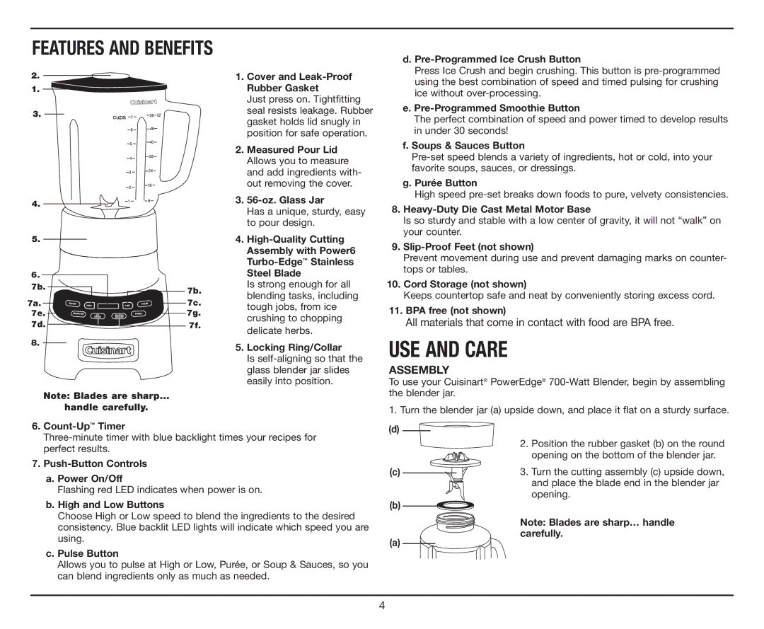 Cuisinart CBT-700 Series manual Features and Benefits, Pre-Programmed Ice Crush Button 