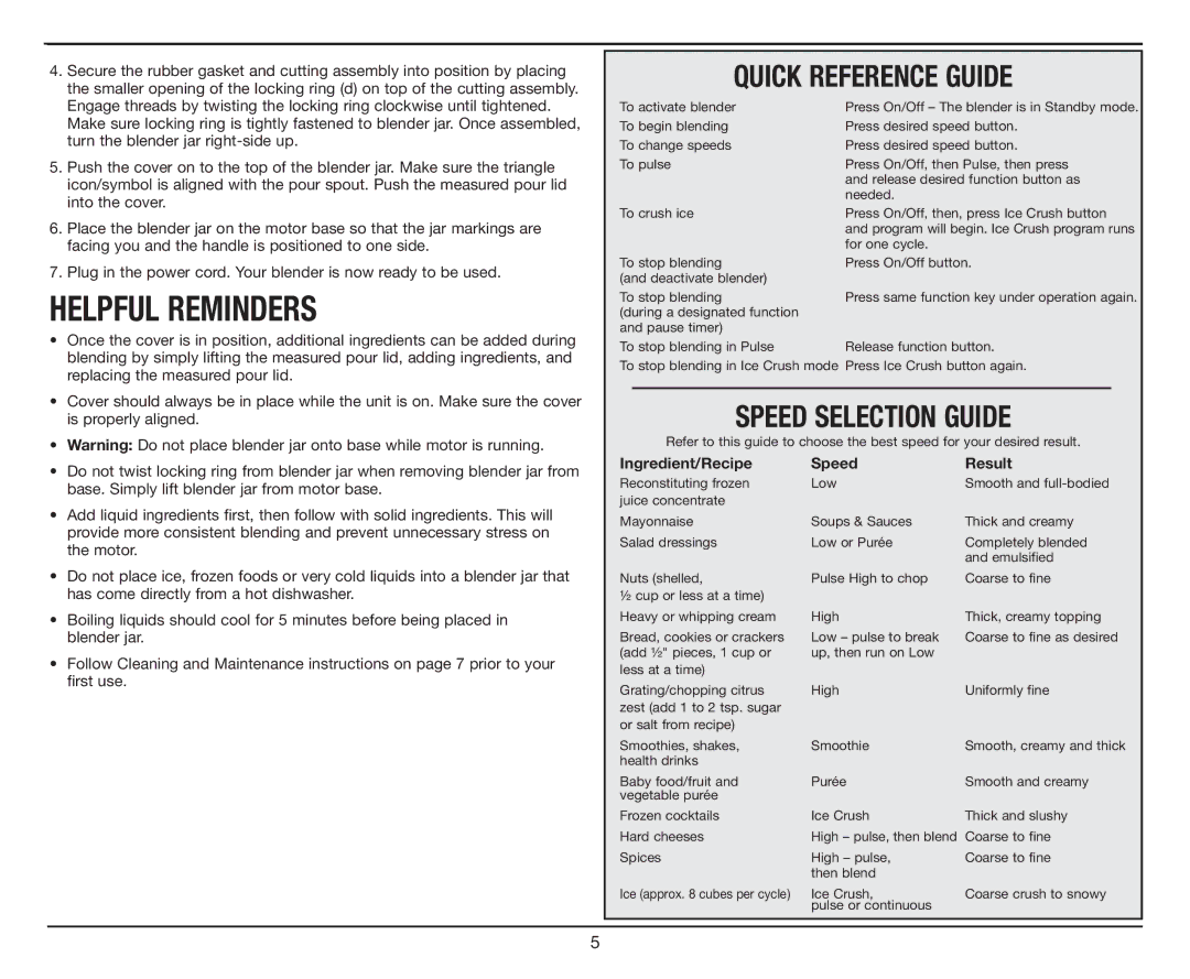 Cuisinart CBT-700 Series manual Quick Reference Guide, Speed Selection Guide 