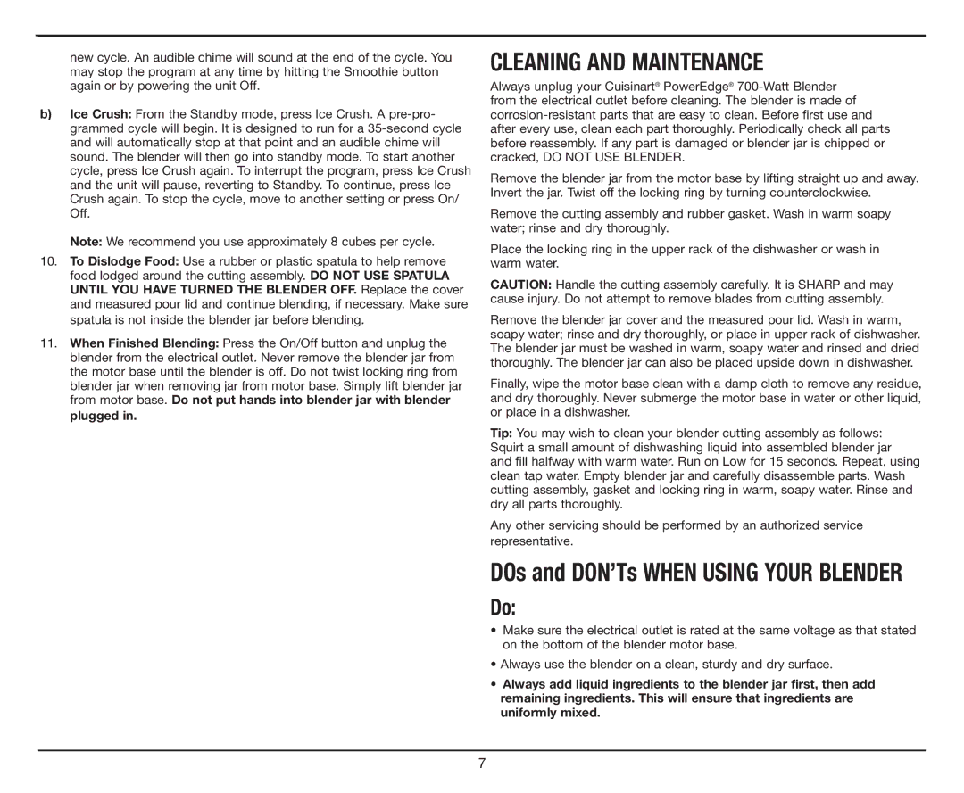 Cuisinart CBT-700 Series manual Cleaning and Maintenance, DOs and DON’Ts When Using Your Blender 