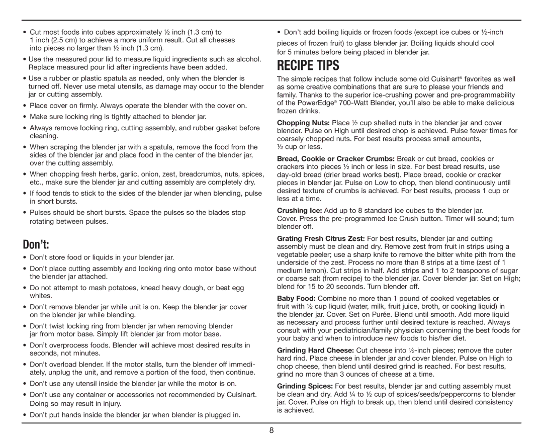 Cuisinart CBT-700 Series manual Recipe Tips, Don’t 