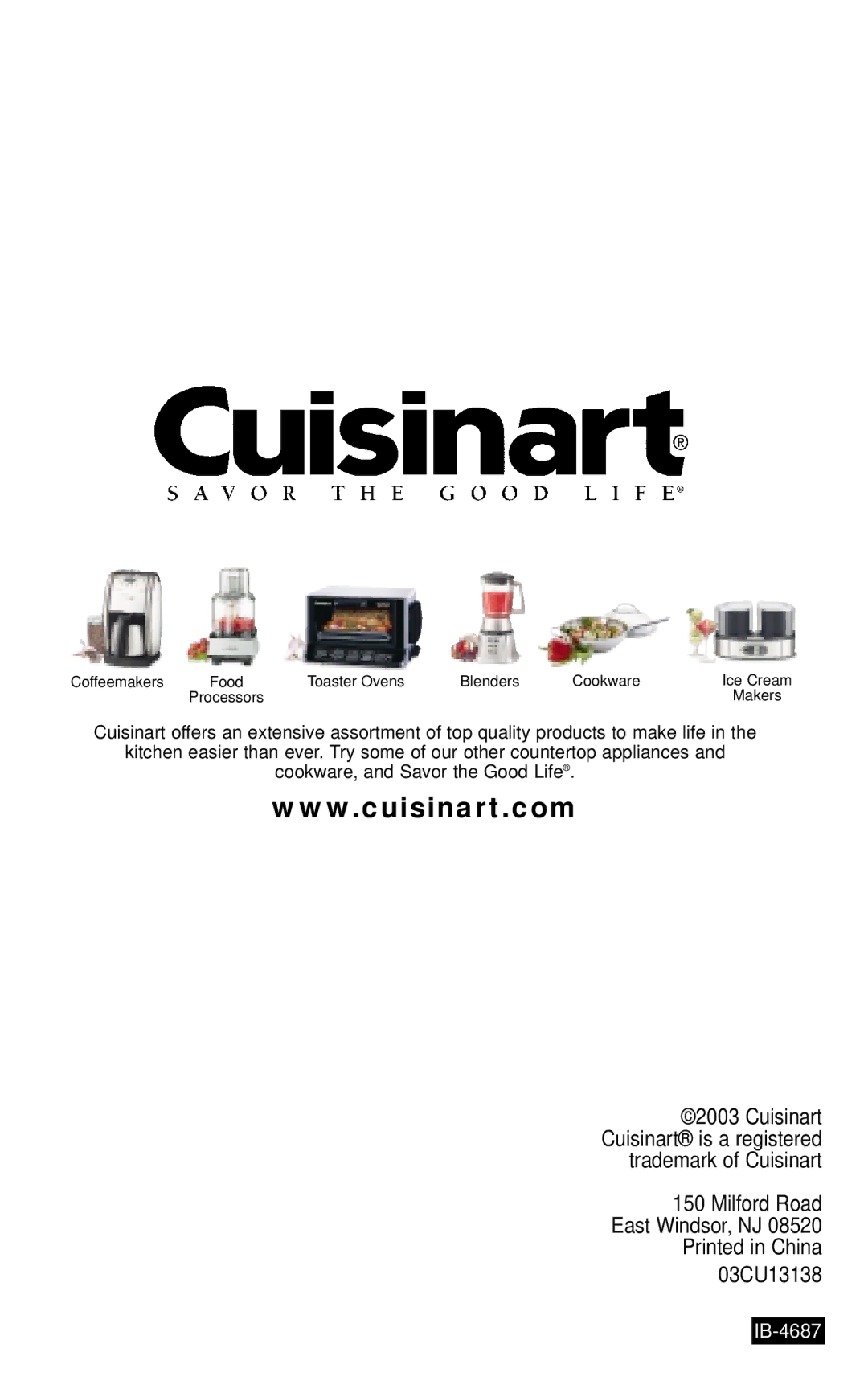 Cuisinart CCJ-100 manual Milford Road East Windsor, NJ 03CU13138 