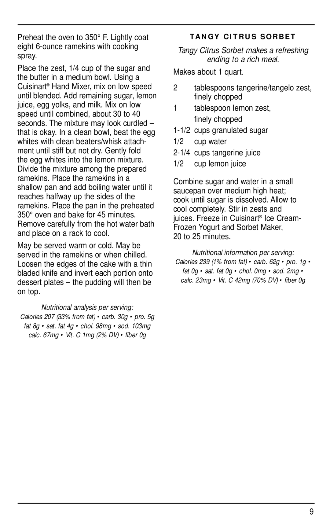 Cuisinart CCJ-100 manual 20 to 25 minutes, Nutritional analysis per serving, Tangy Citrus Sorbet 