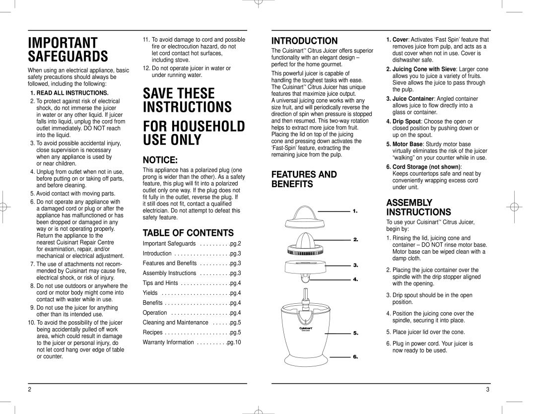 Cuisinart CCJ-100C manual Table of Contents, Introduction, Features Benefits, Assembly Instructions 