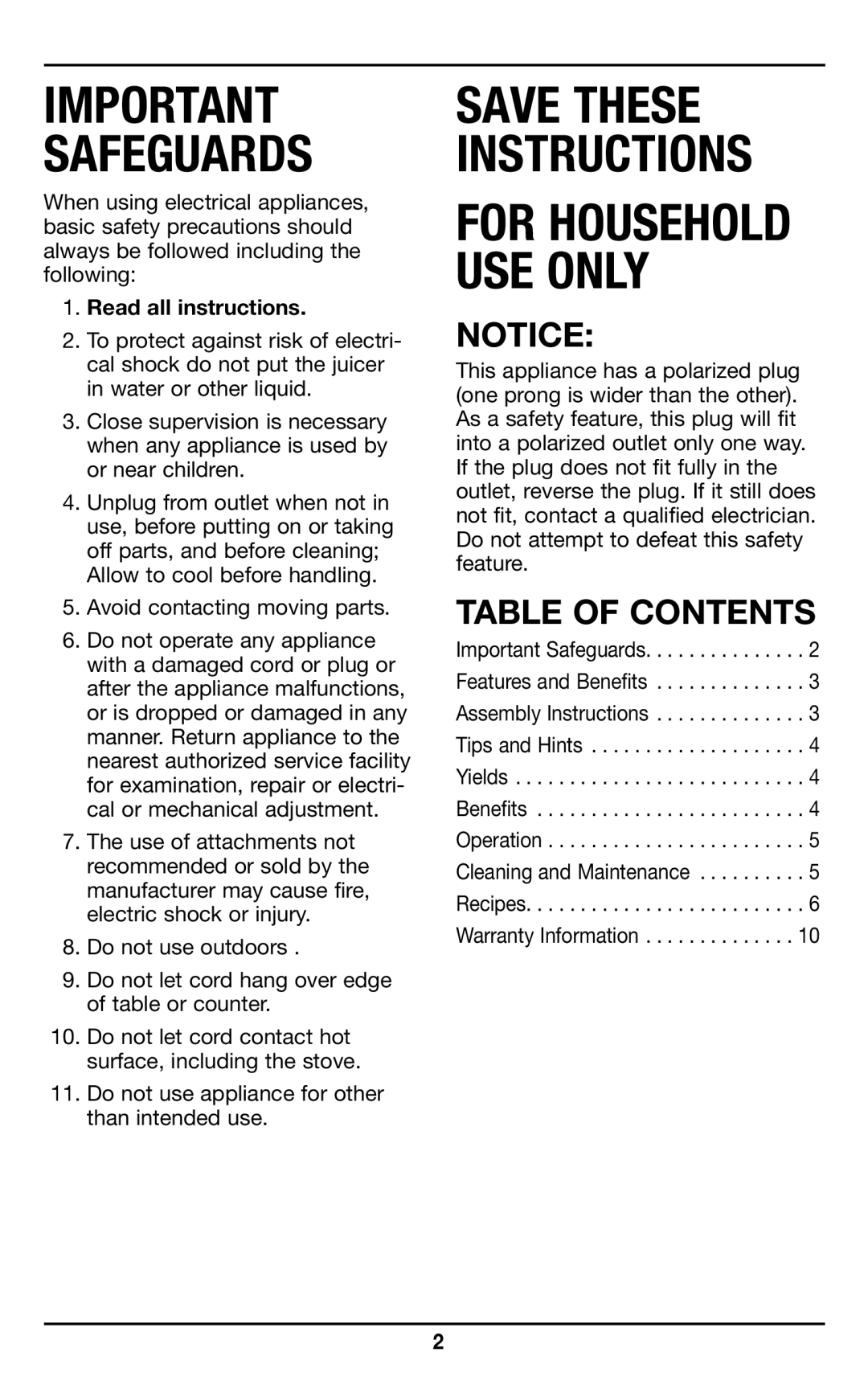 Cuisinart CCJ-500 manual Safeguards, Table of Contents 