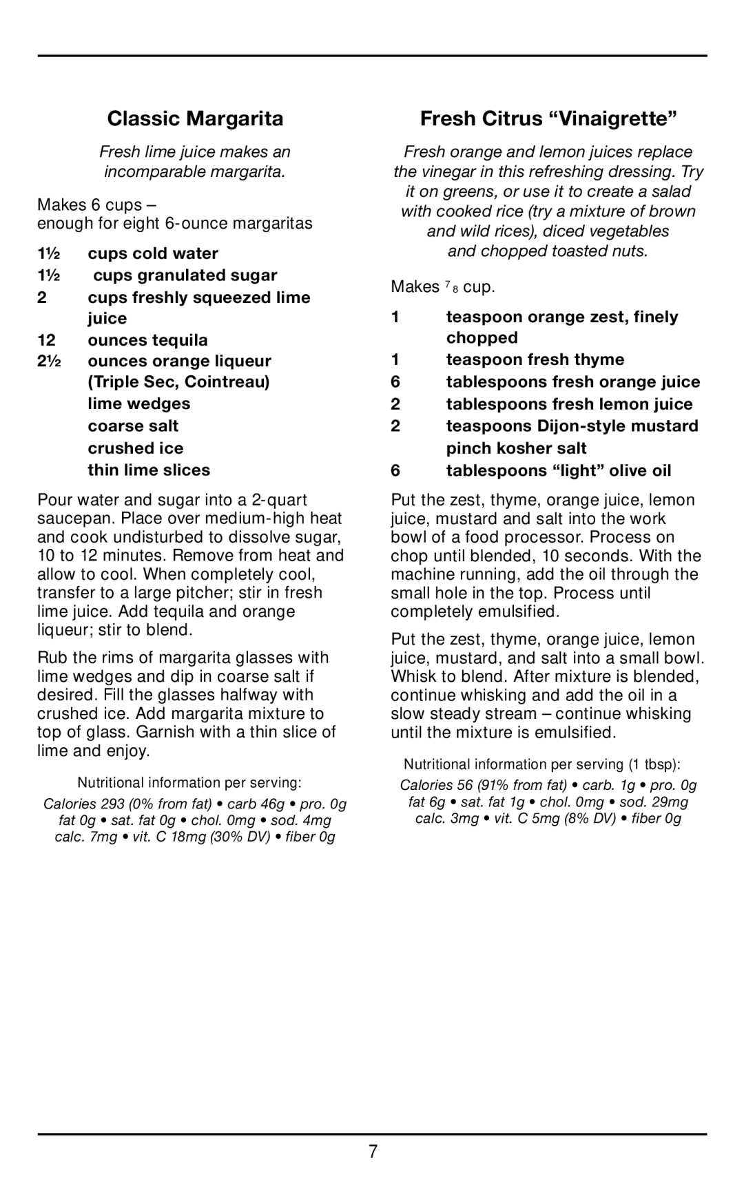 Cuisinart CCJ-500 manual Classic Margarita, Fresh Citrus Vinaigrette 