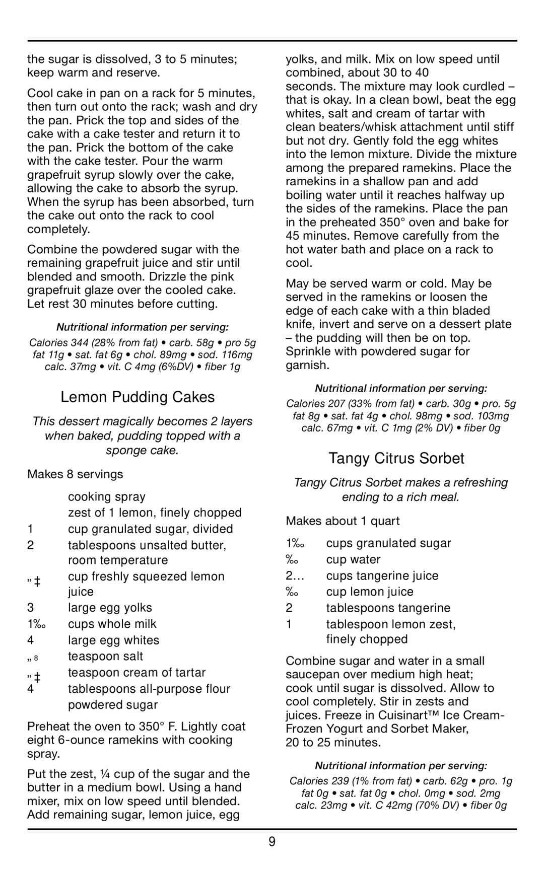 Cuisinart CCJ-500 manual Lemon Pudding Cakes, Tangy Citrus Sorbet 